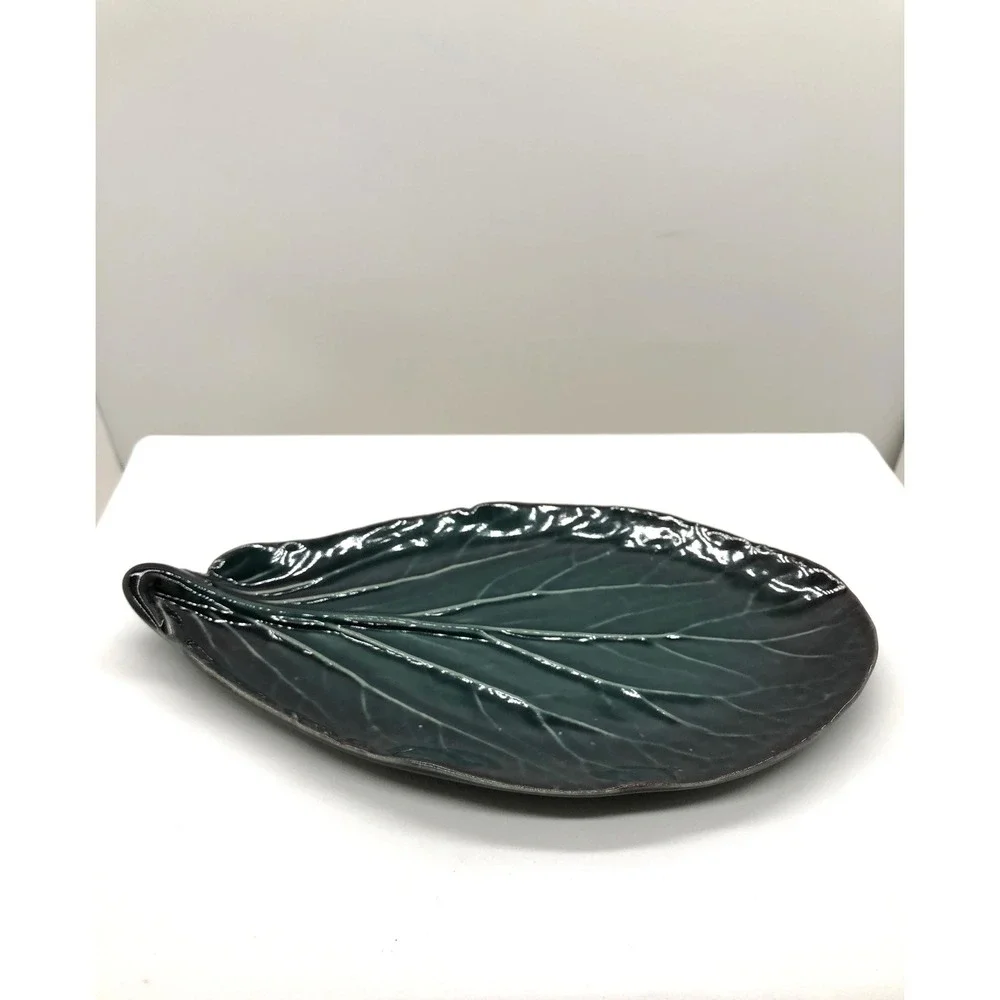 Dark Green Glazed Ceramic‎ Leaf Trinket Dish Botanical Decorative Platter 9 Inch